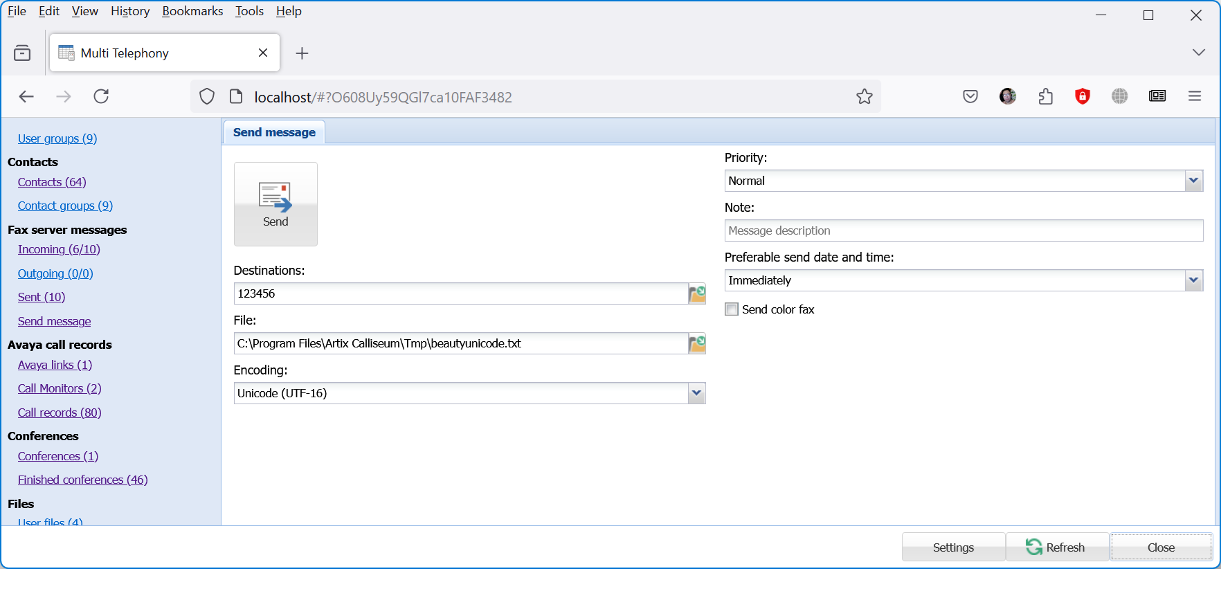 Web form for sending a fax